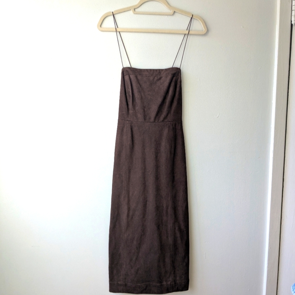By Anthropologie Brown Suede Midi Open Back Criss Cross Straps Dress size 2